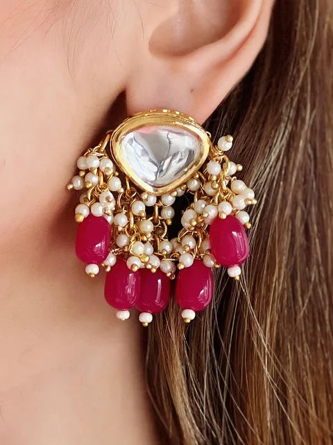 Heart Shaped Kundan Dark Pink Pearled Earrings for Womens and Girls - Aviksha Creations