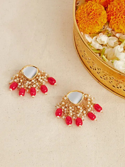 Heart Shaped Kundan Dark Pink Pearled Earrings for Womens and Girls - Aviksha Creations