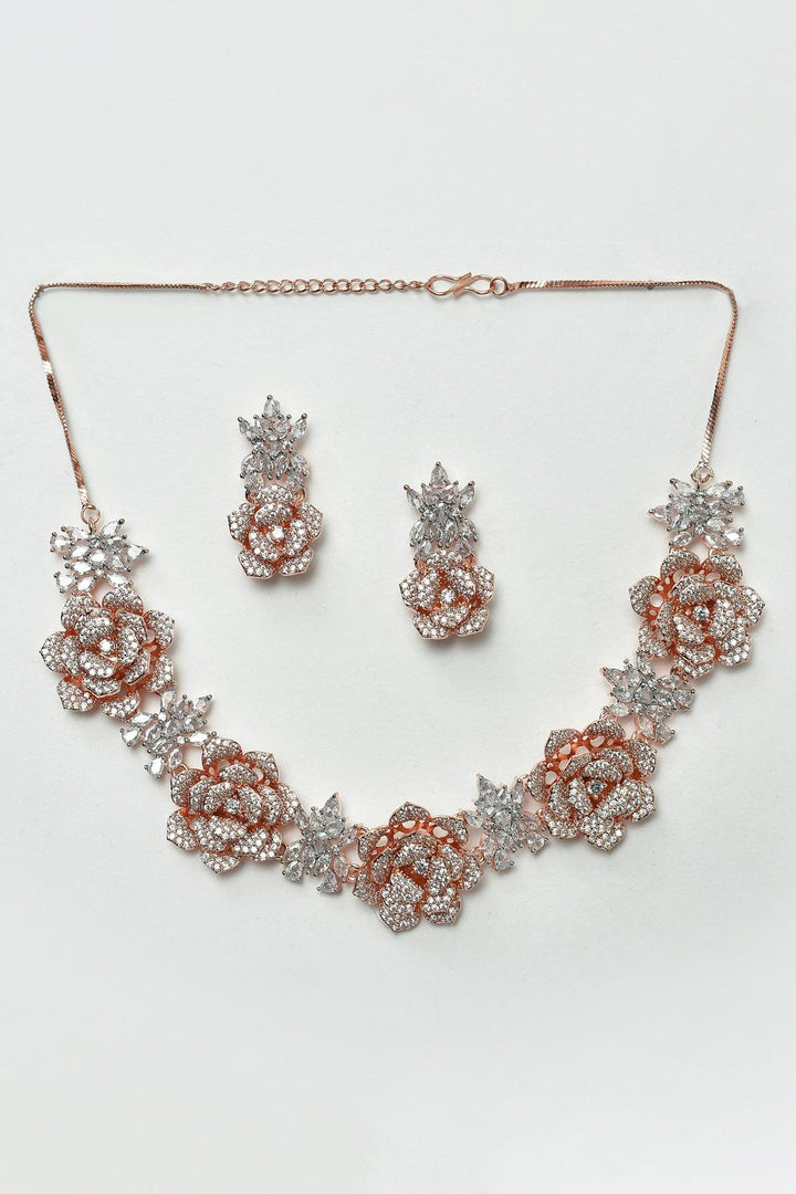 Rose Gold Diamond Necklace with Paired Earrings - Aviksha Creations