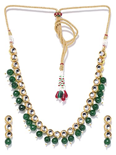 Kundan Green Pearled Necklace with Paired Earrings - Aviksha Creations