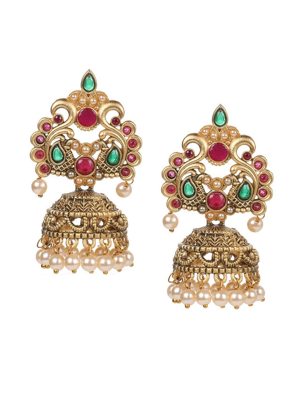 Matte Gold Polished Jhumka Set - Aviksha Creations