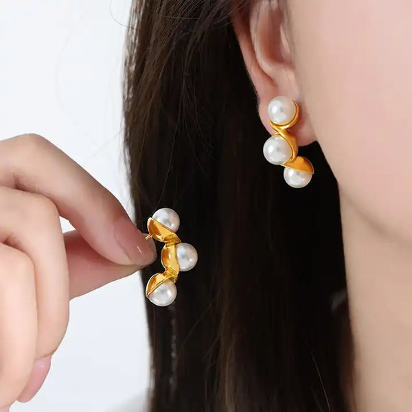 White Pearled Studded Earring Anti Tanish Gold Plated - Aviksha Creations