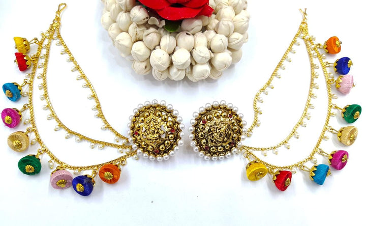 Laxmi Ji Studded Earrings with Paired Ear Chain - Aviksha Creations