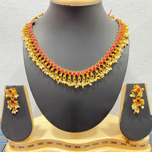 Gold Plated South Indian Necklace Set With Paired Earrings